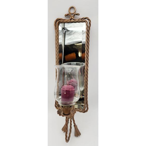 Antique Gold Wall Mirror Candle Holder – Etched Glass Hurricane w/ Purple Candle